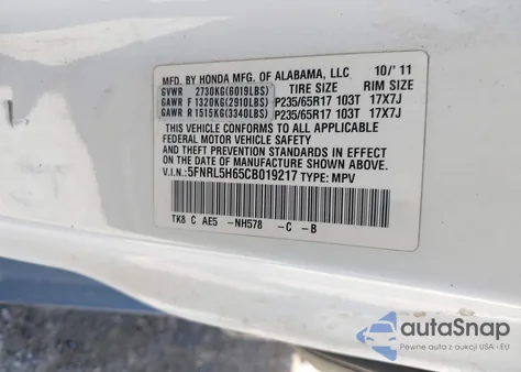 2012 Honda Odyssey Ex-L z USA, uszkodzony, nr VIN 5FNRL5H65CB019217
